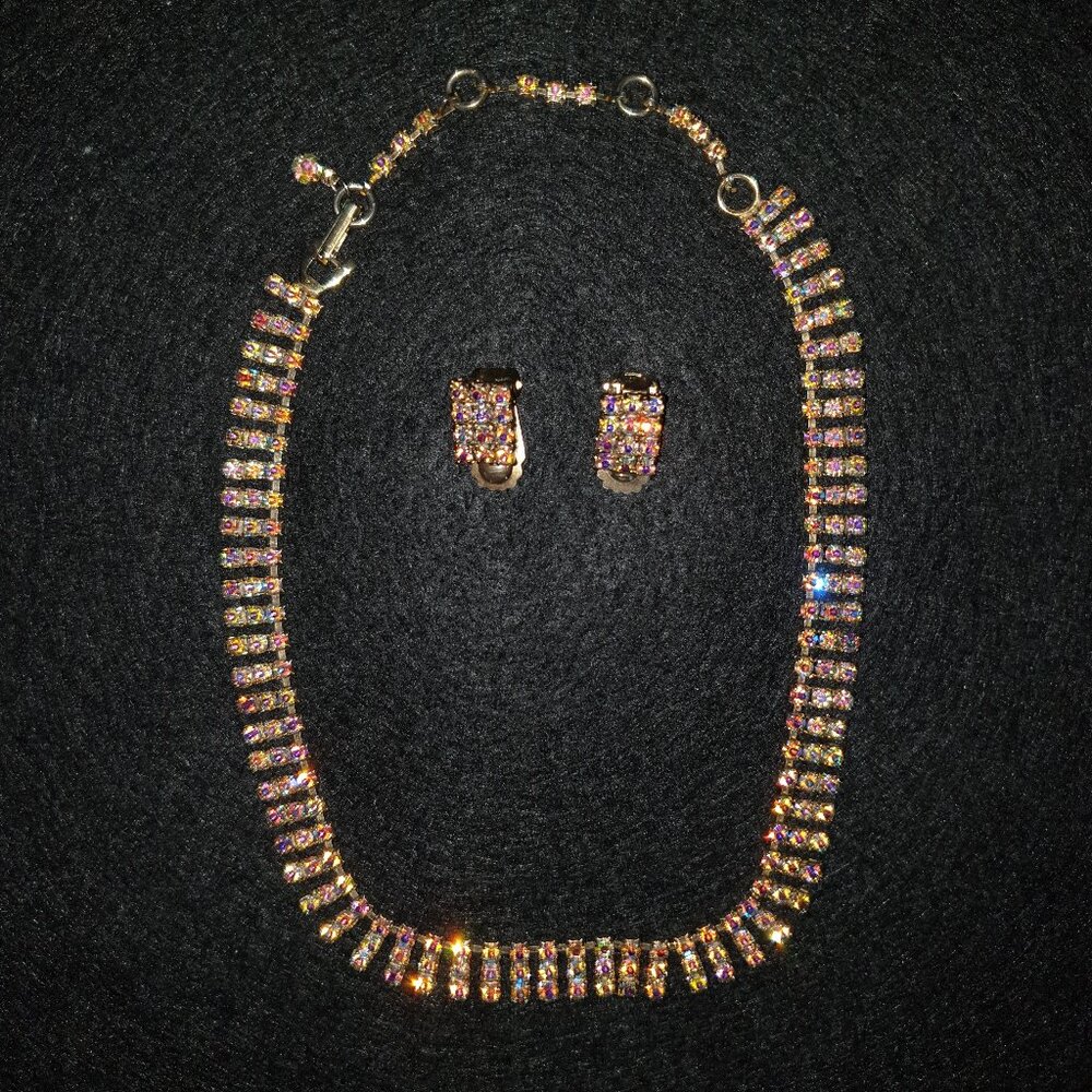 Elegant Vintage 1960s AMSEL Aurora Borealis Rhinestone Necklace Earrings Set